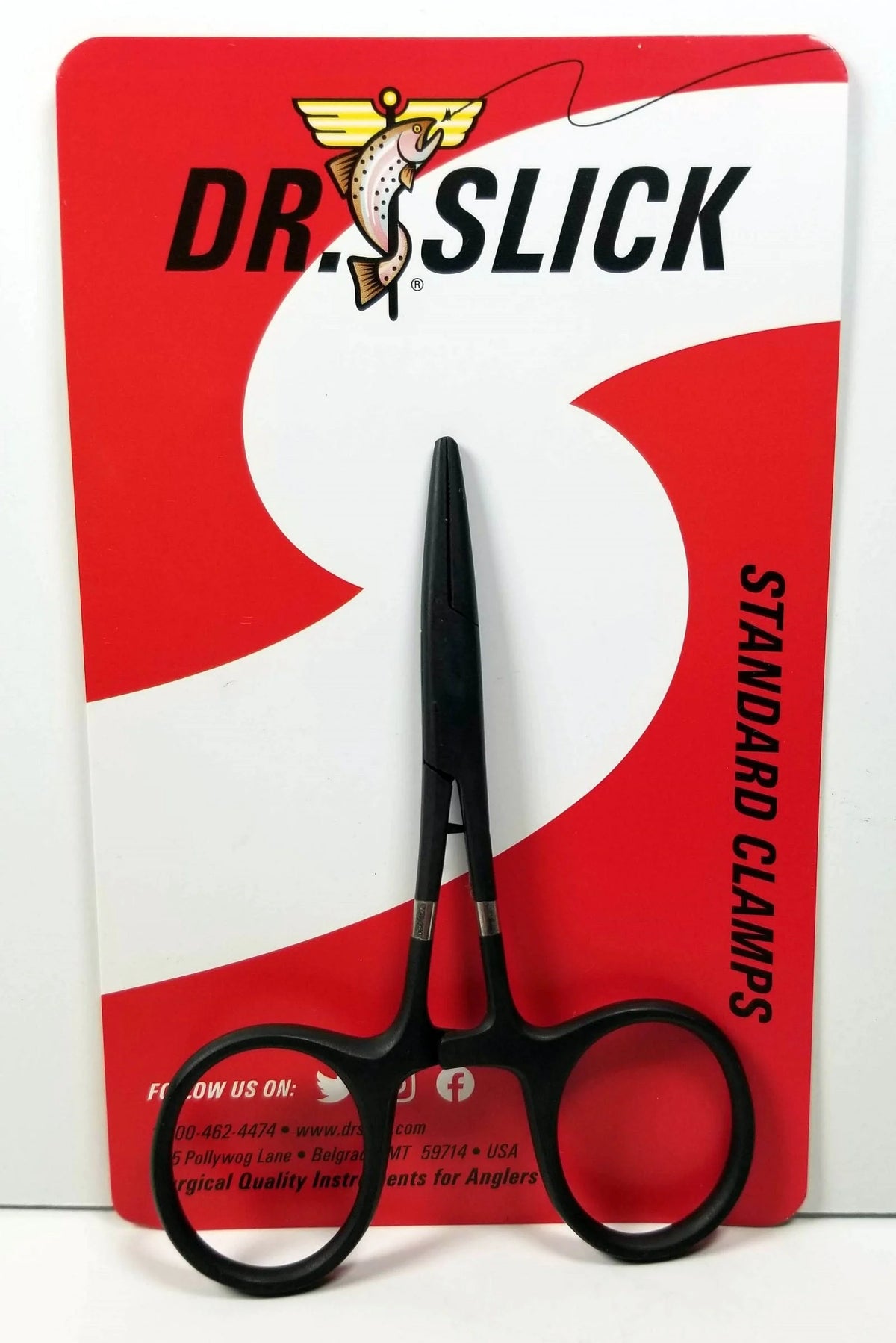 Black clamps on a red and white Dr. Slick branded background