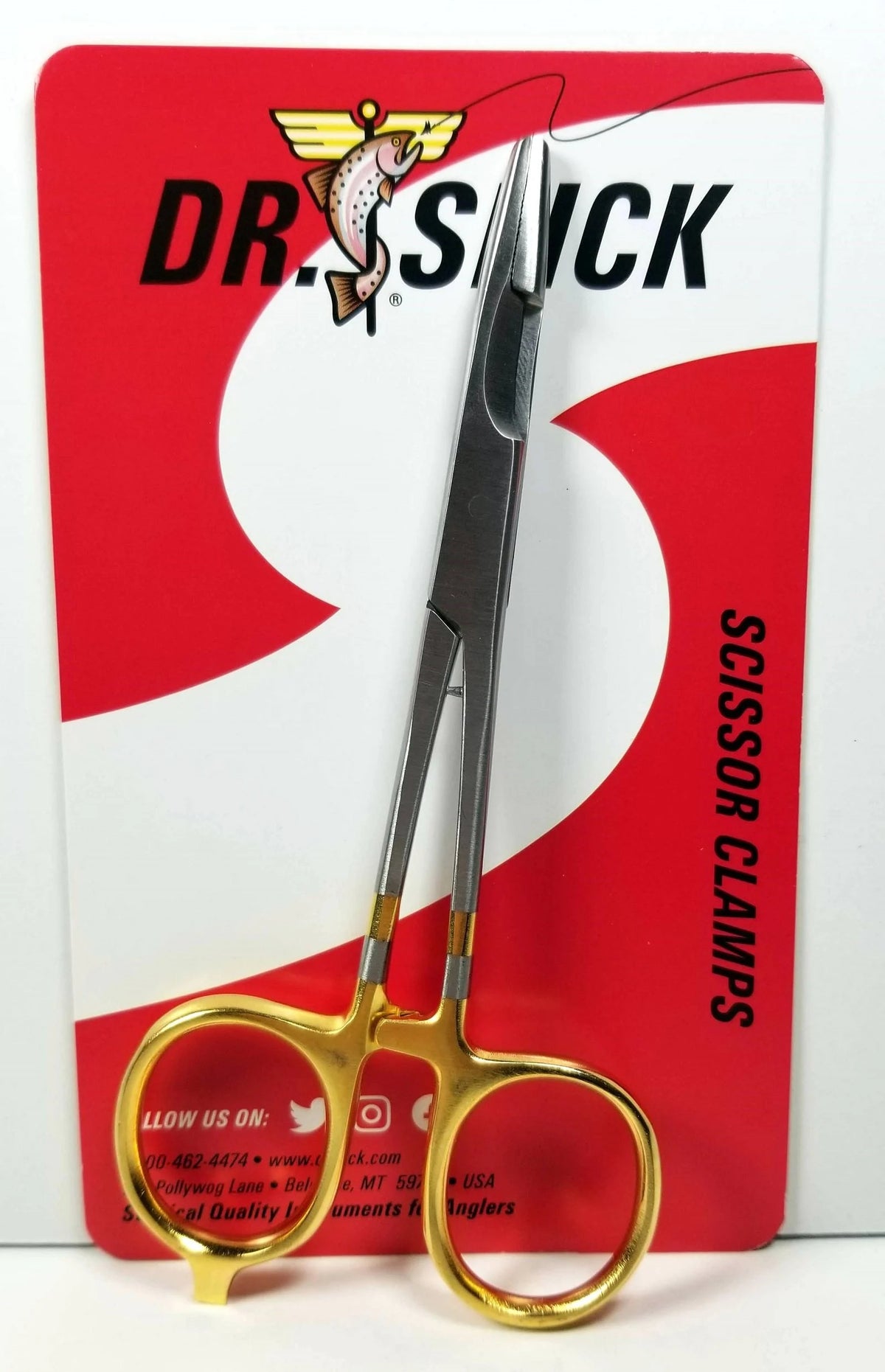 Dr. Slick Gold scissor clamp on a red and white packaging with 'Dr. Snick' branding.