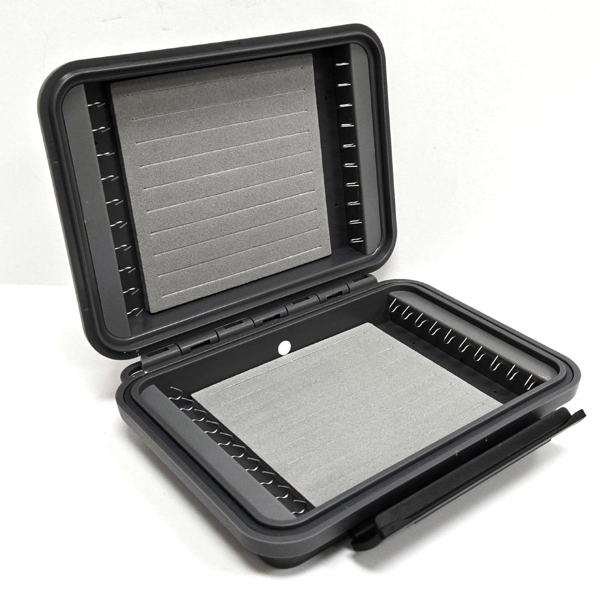Plan D Pocket Max Articulated Plus Fly Box open view with gray slotted foam