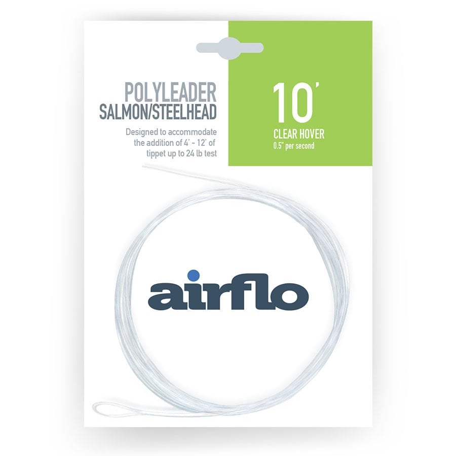 Airflo polyleader fishing line packaging with 10ft clear hover line and green label on white background
